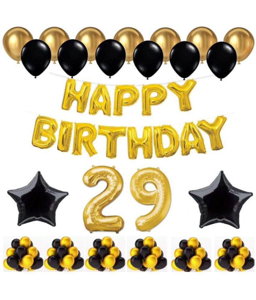     			Blooms Event 1 Set Happy Birthday Foil Balloons (Golden Color, 2 PcsBlack Foil Star , 50 Pcs Metallic Balloons   (Black & Golden),29  No. Foil Number Golden