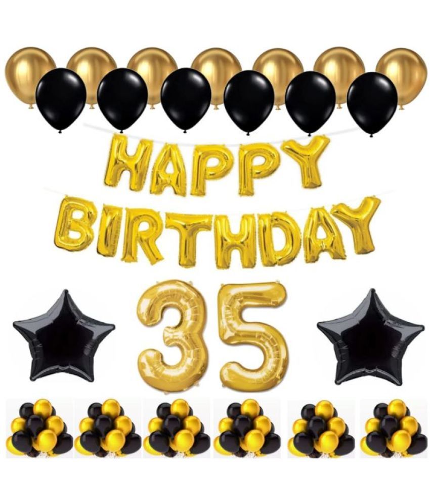     			Blooms Event 1 Set Happy Birthday Foil Balloons (Golden Color, 2 PcsBlack Foil Star , 50 Pcs Metallic Balloons   (Black & Golden),35  No. Foil Number Golden