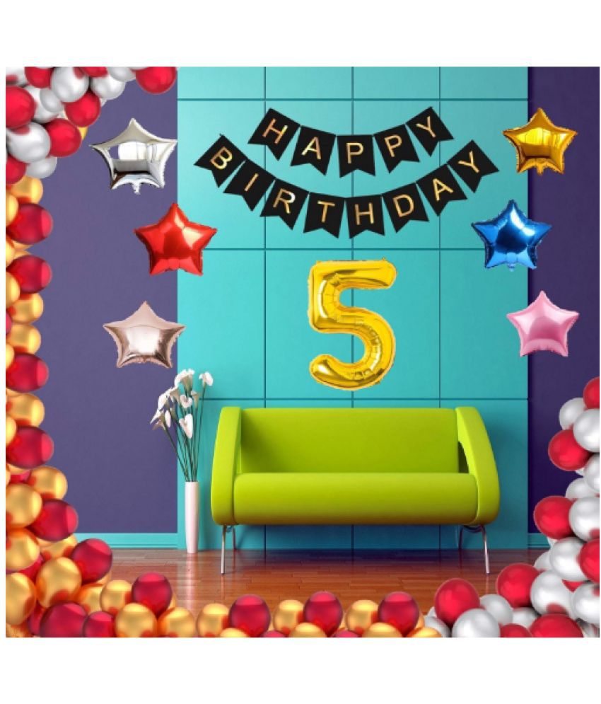     			Blooms Event 1 Set Happy Birthday Banner     Black Color ,  1 Gold ,1 Silver ,1 Red ,1 Royal Blue ,1 Pink & 1 Rose Gold Star shape Foil Balloons, 30 HD Metallic Gold , Silver & Red Balloons ,5 No. Foil Number Silver