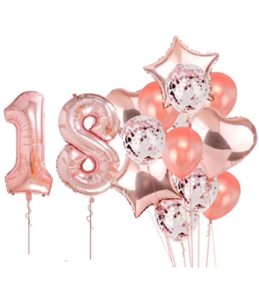     			Blooms Event Rose Gold special 18 No. rose gold foil 2 pcs of rosegold Heart foil, 2pcs of rosegold Star Foil ,5pcs Confetti Balloon , & 5pcs rosegold Latex Balloon