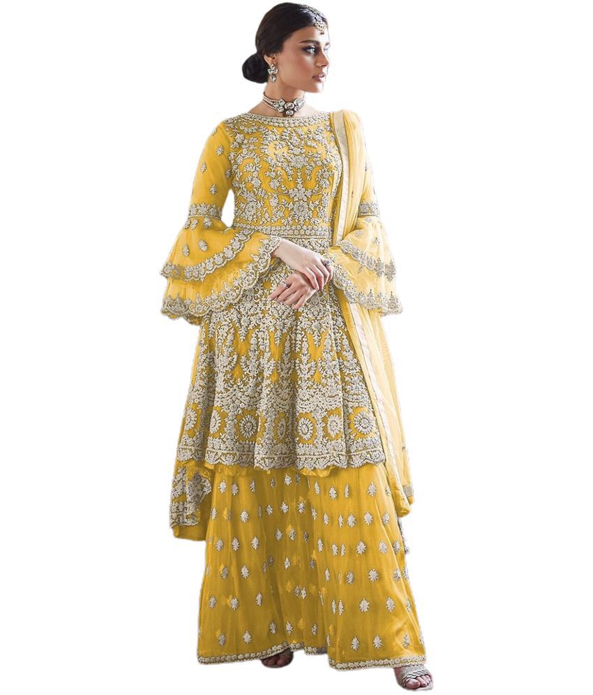 Miss Ethnik Yellow Net Anarkali Semi-Stitched Suit - Single