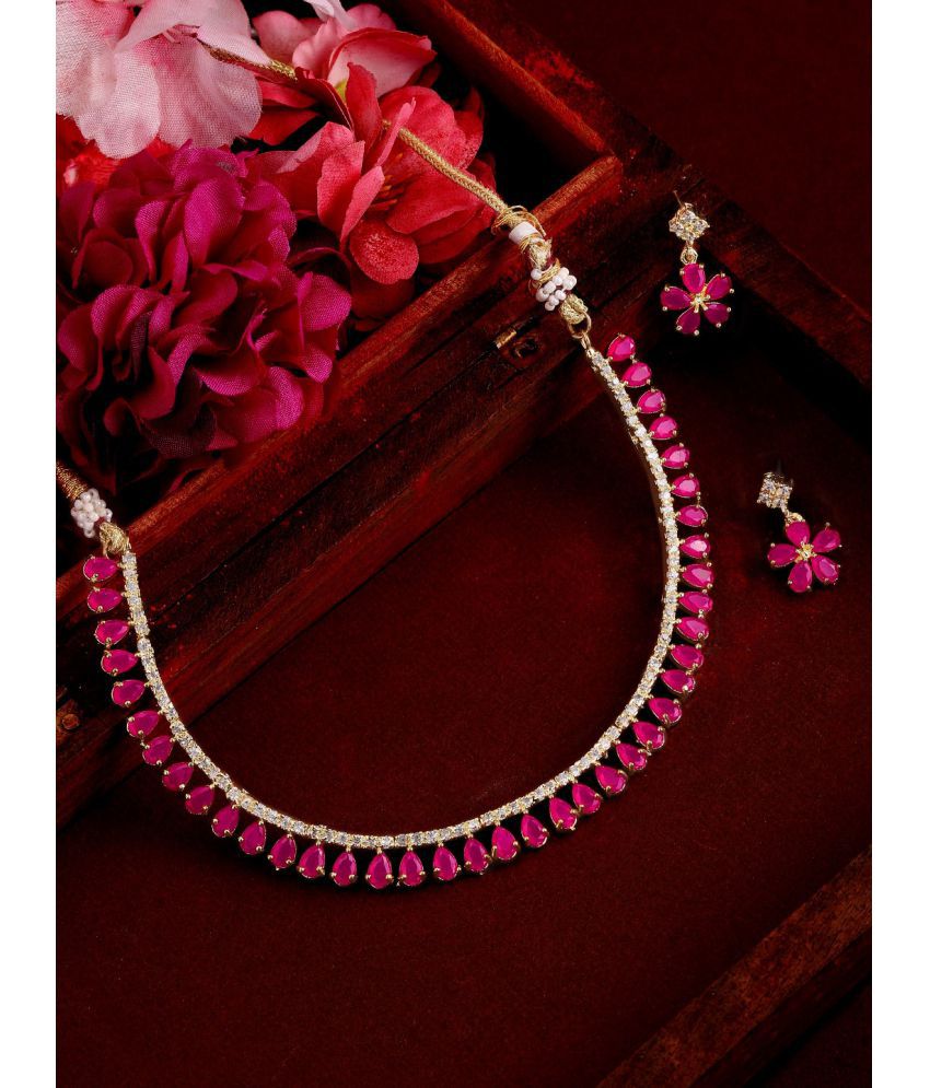     			PUJVI Alloy Pink Designer Necklaces Set Choker