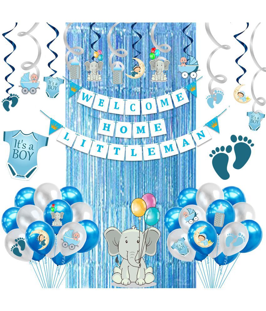     			Party Propz Baby Boy Welcome Home Decoration Kit 46Pcs Balloon, Cardstock, Swirls, Paper Banner with Foil Curtain for Baby Shower / Welcome / Birthday Supplies