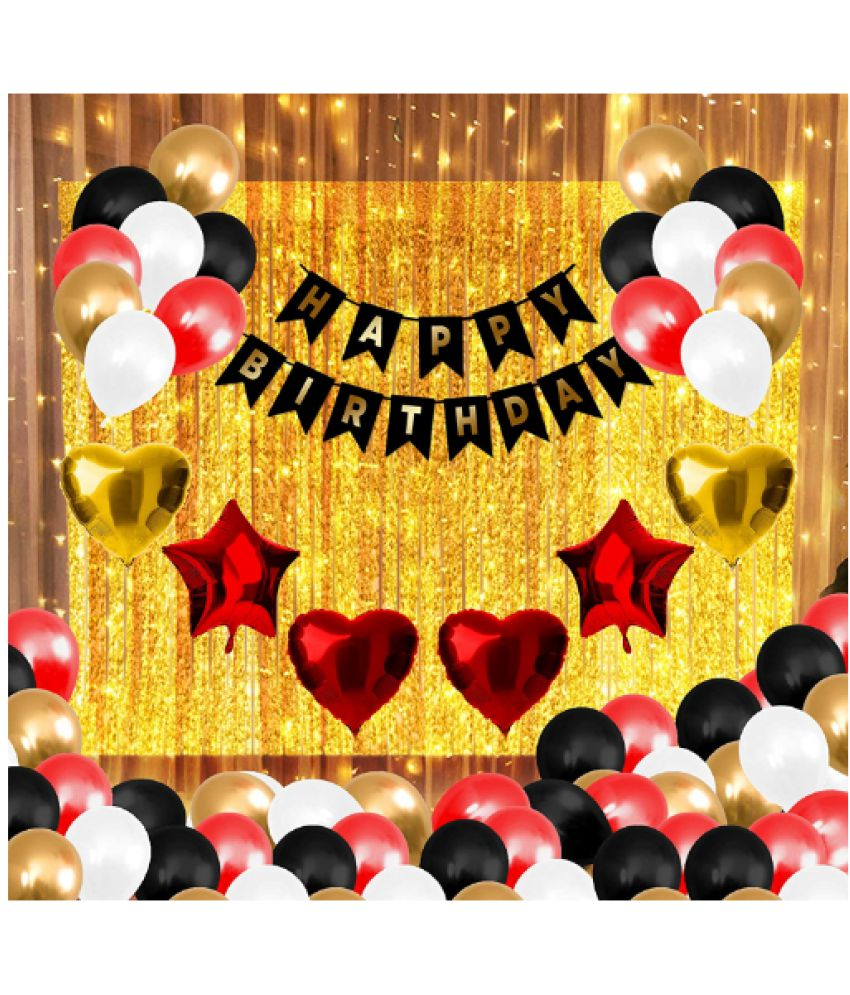     			Blooms Mall 121 pcs Happy Birthday combo set Happy Birthday Letter Banner Balloon Set of (Black) + HD Metallic Balloons (Black, Red,Gold and Silver) Pack of 100 + 4 Star Balloon(Red,Gold) + 2 Heart Balloon(Red) + Multipurpose Ribbon + 1pc Fairy Light.