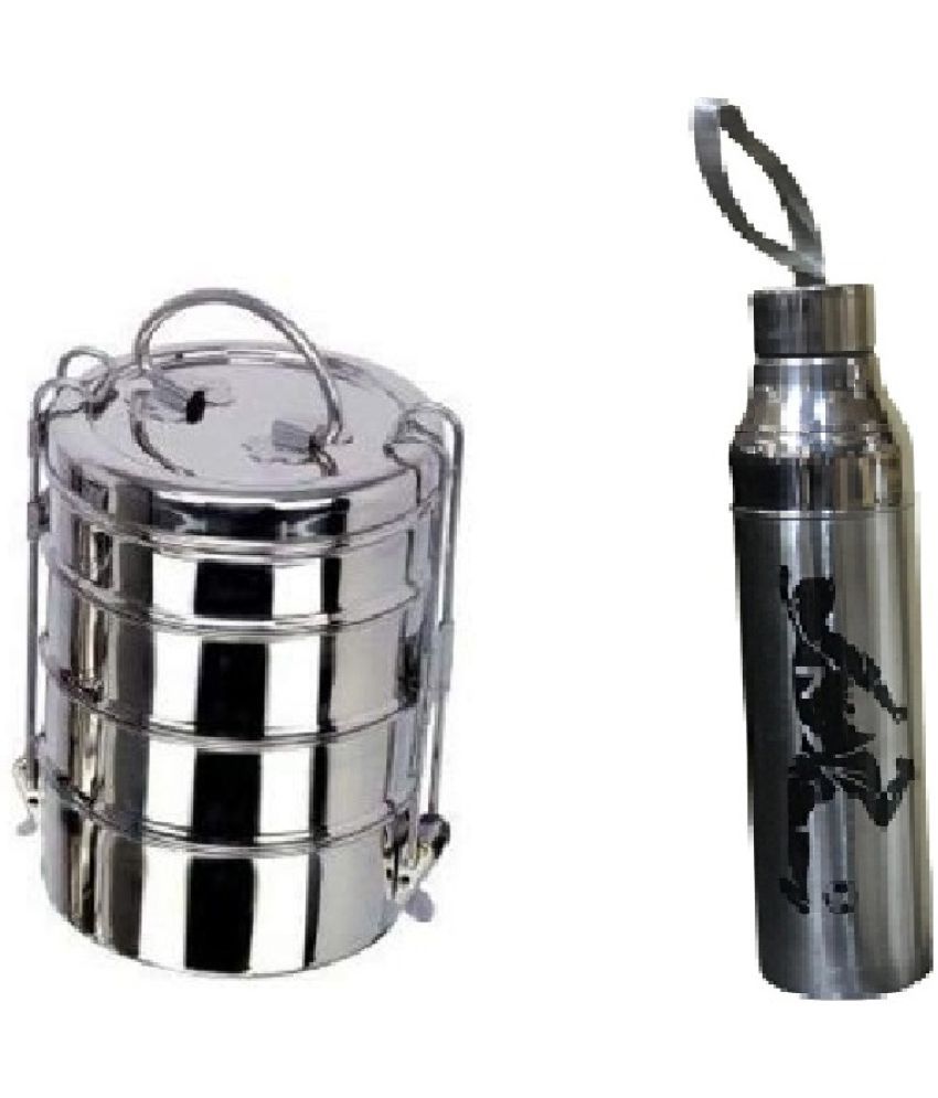     			Dynore set of Tiffin & Water Bottle Silver 1000 mL Stainless Steel Water Bottle set of 2