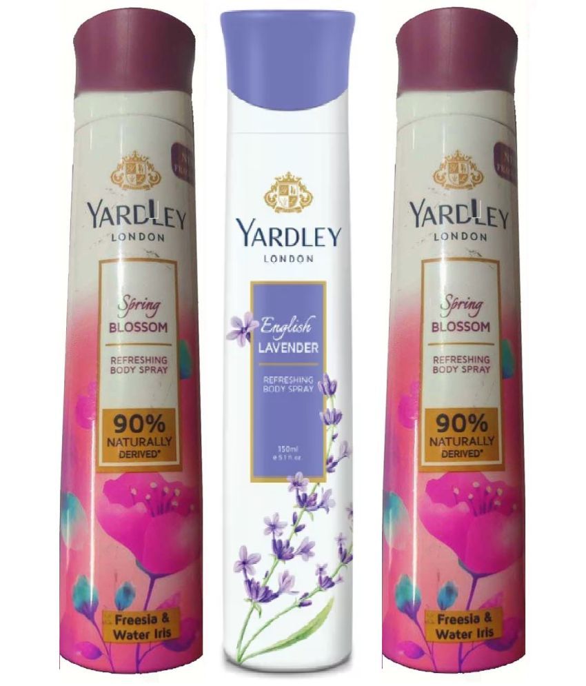     			yardley london 2 SPRING BIOSSOM BODY SPRAY , 1 ENGLISH LAVENDER BODY SPRAY 150 ML EACH ,PACK OF 3 .