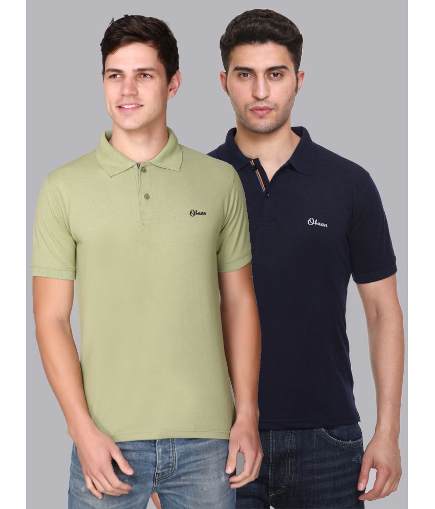     			OBAAN Blue Cotton Blend Solid Polo T Shirt Pack of 2