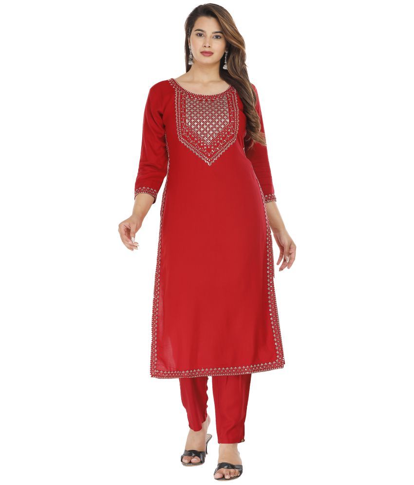     			JC4U Red Rayon Kurti With Pants - Stitched Suit Single