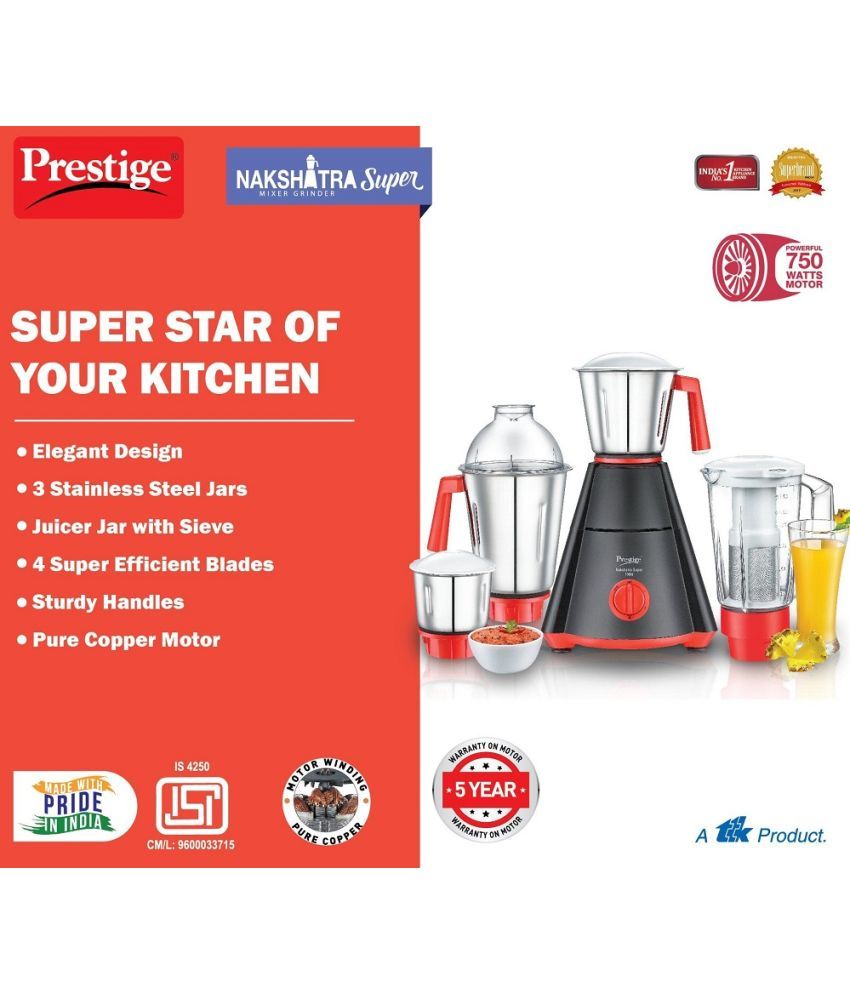 Prestige Nakshatra Super 750 Watt 3 Jar Mixer Grinder Price in India