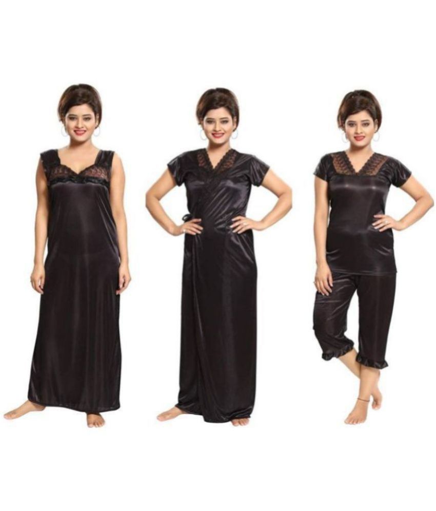     			Romaisa Satin Nighty & Night Gowns - Black Pack of 4