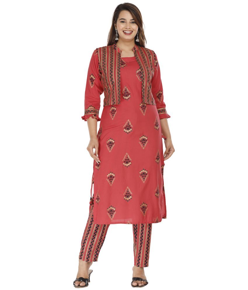     			HIGHLIGHT FASHION EXPORT Pink Rayon Kurti With Pants - Stitched Suit Single