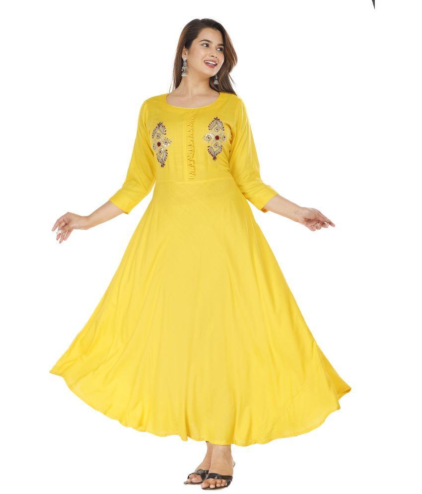     			HIGHLIGHT FASHION EXPORT Rayon Yellow A- line Dress - Single