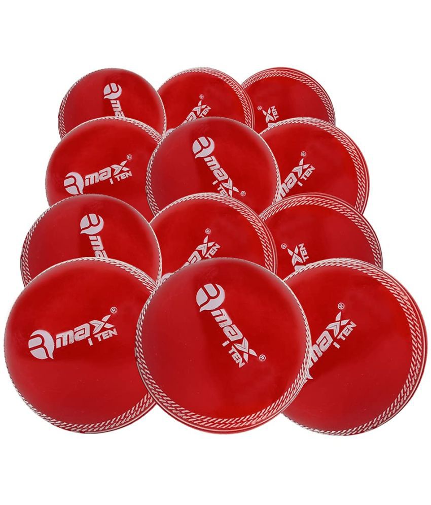     			Rmax i-10 PVC Cricket Ball for Practice, Training, Matches for All Age Group (Knocking Ball, Hard Shot Ball, i-10 Soft Ball) (RED, Pack of 12)