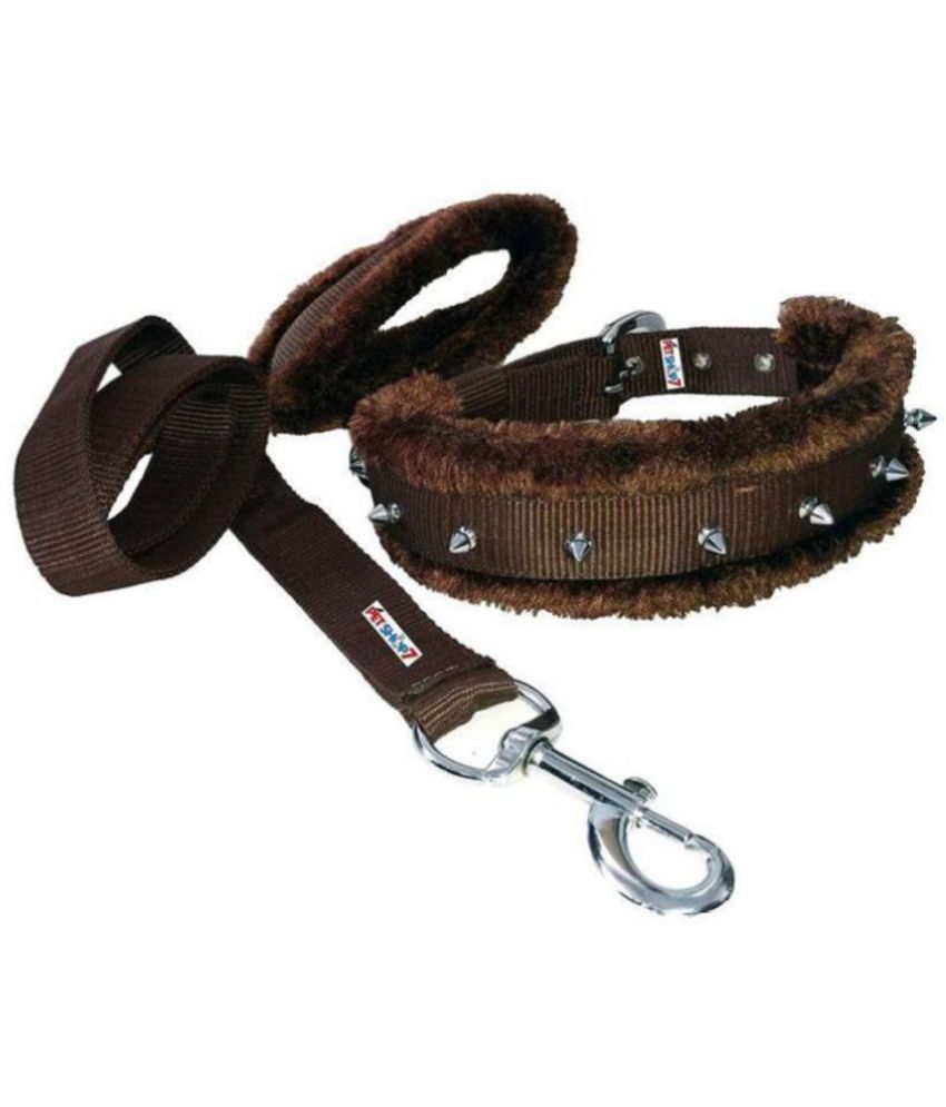     			Petshop7 Nylon Fur Padded  Spike Dog Collar & Dog Leash  - Large  (Adjustable Neck Size  : 16-20inch)