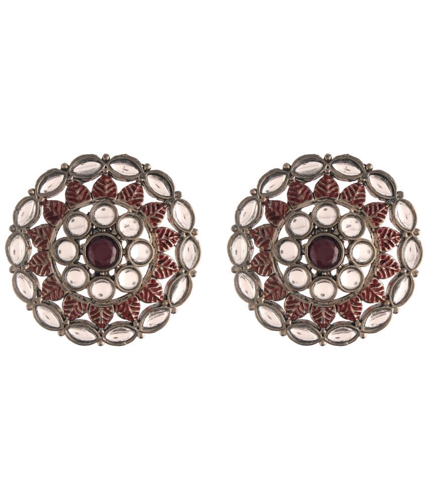     			I Jewels Silver Oxidized Kundan Studded Meena Work Designer Circular Stud Earrings for Women(E2932ZM)