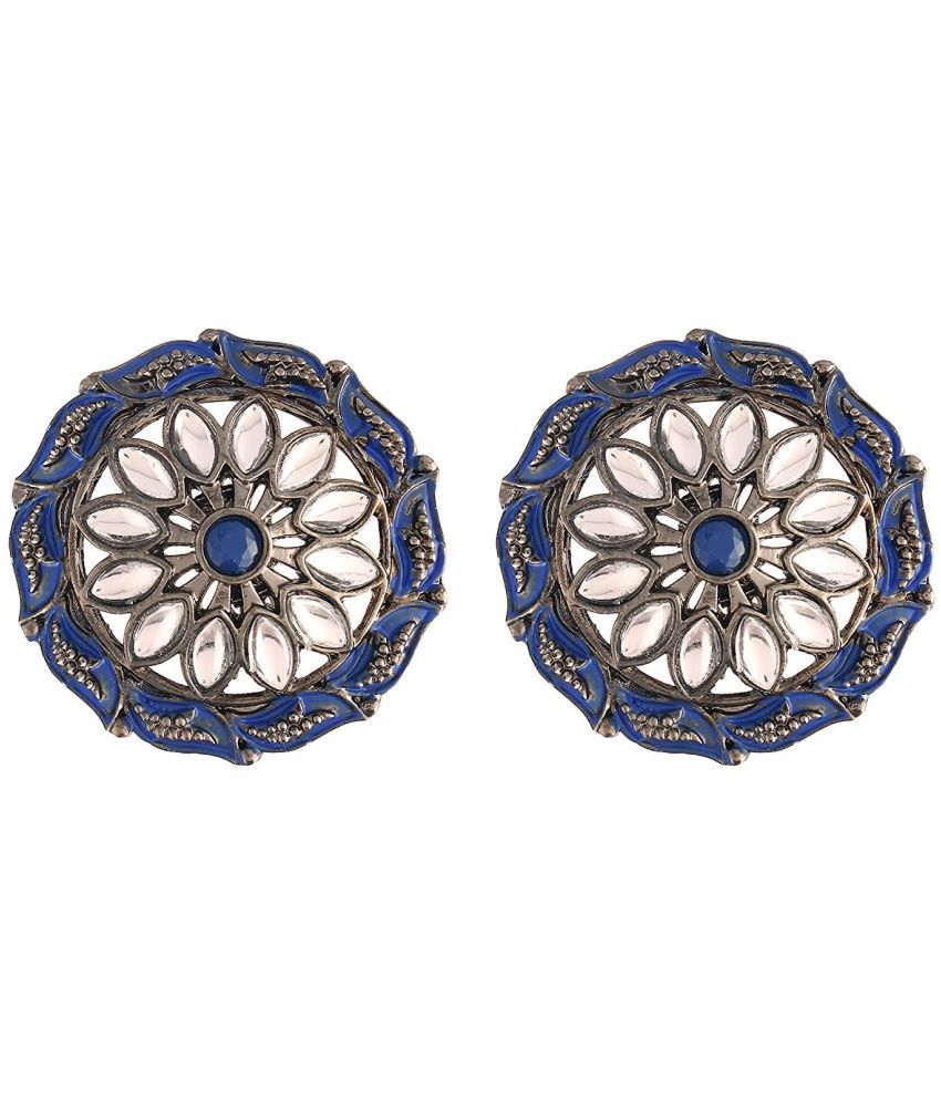     			I Jewels Silver Oxidized Kundan Studded Meena Work Designer Circular Stud Earrings for Women(E2934ZBl)