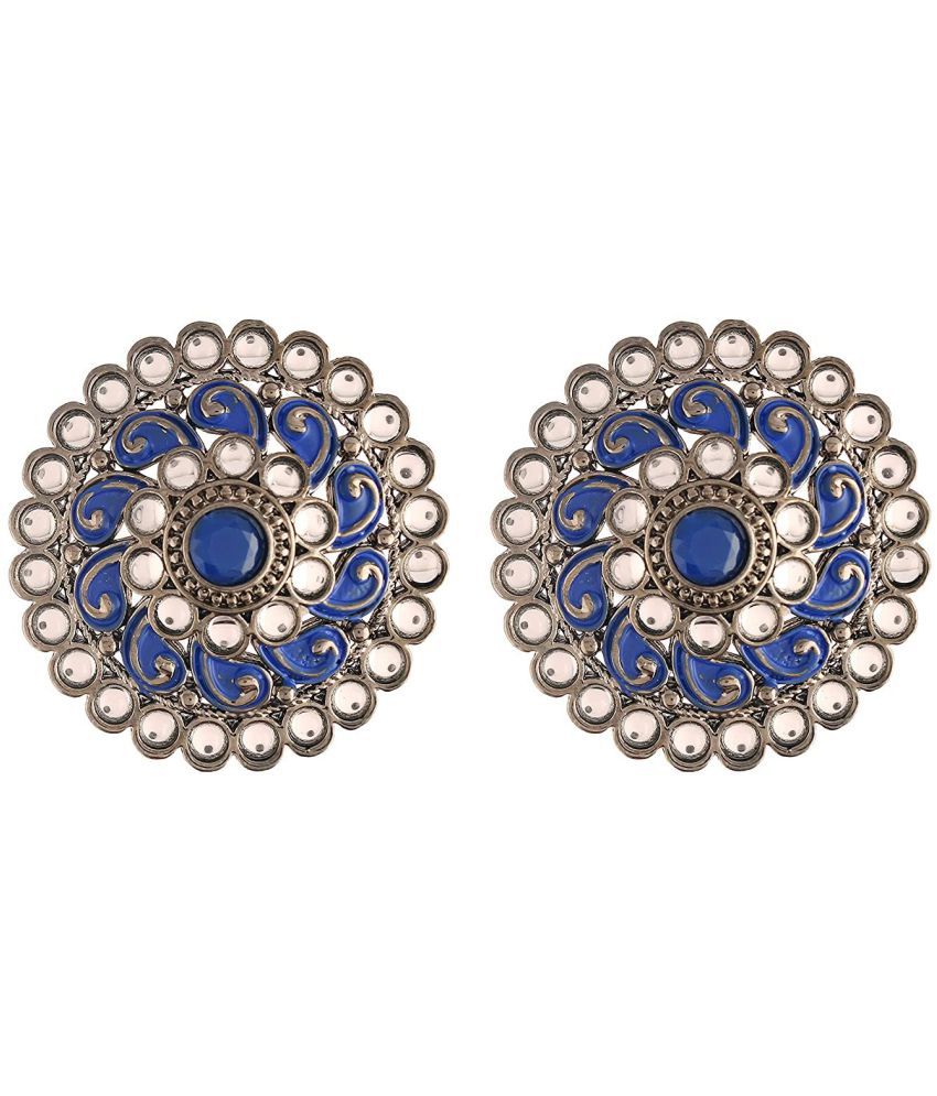     			I Jewels Silver Oxidized Kundan Studded Meena Work Designer Circular Stud Earrings for Women(E2937ZBl)