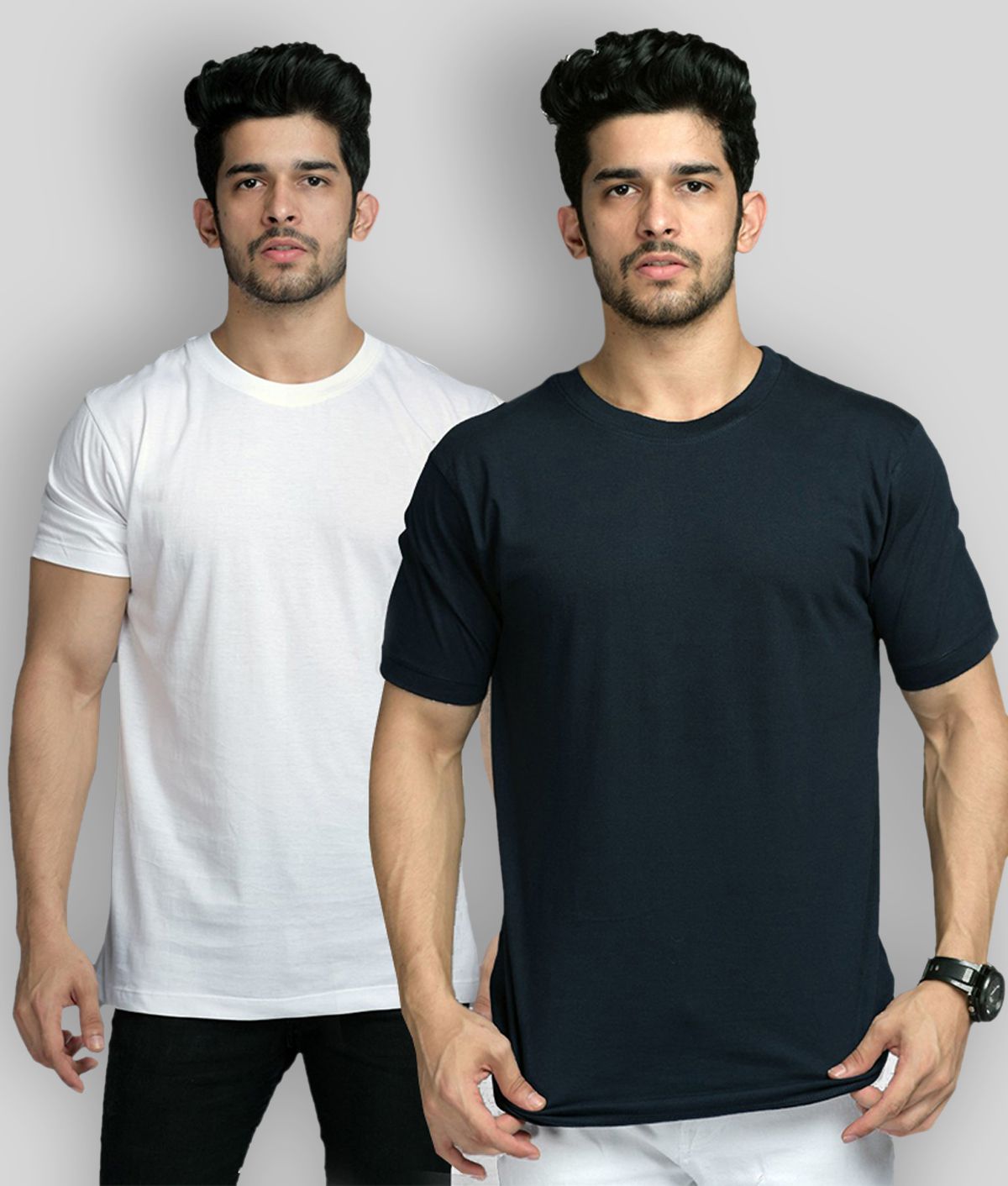David Crew - White Cotton Blend Regular Fit Men's T-Shirt ( Pack of 2 )