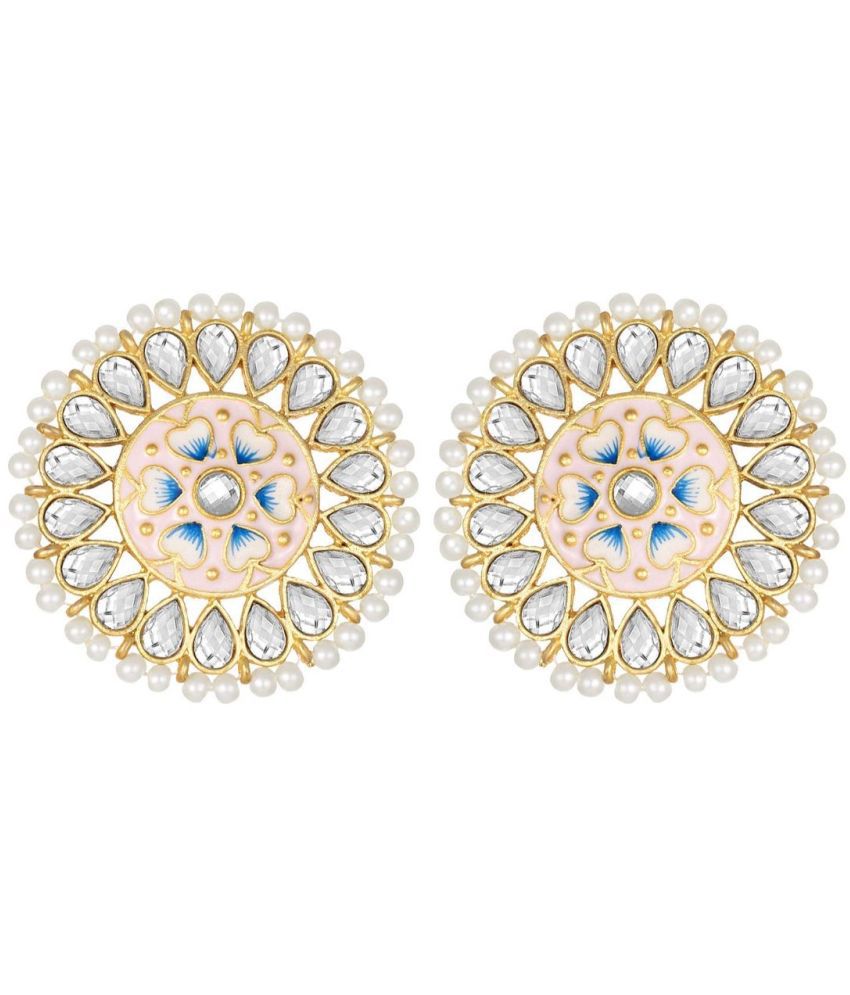     			I Jewels 18k Gold Plated Round Kundan Pearl Meena Work Handcraft Stud Earring for Women (E2878CBL)