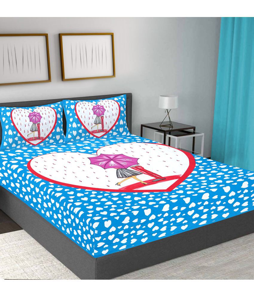     			HOMETALES Cotton Abstract Double Bedsheet with 2 Pillow Covers- Blue