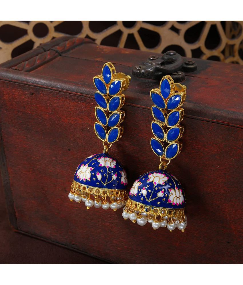     			I Jewels 18k Gold Plated Meena Work Leaf Shaped Jhumki Earring For Women (E2922Bl)