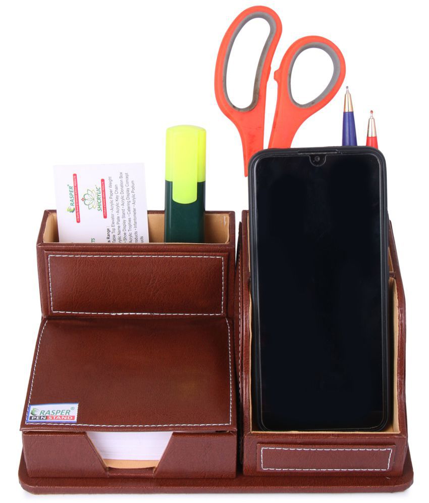     			Rasper Brown Genuine Leather Multipurpose Desk Organizer With Memo Pad Holder & Mobile Stand For Office Desk Table Top Stand With Card Holder Pen Stand Stationery Organizer (9x6 Inches)