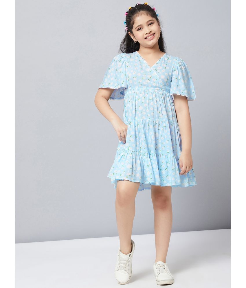 Stylo Bug - 100% Cotton Blue Girls Fit And Flare Dress ( Pack of 1 )