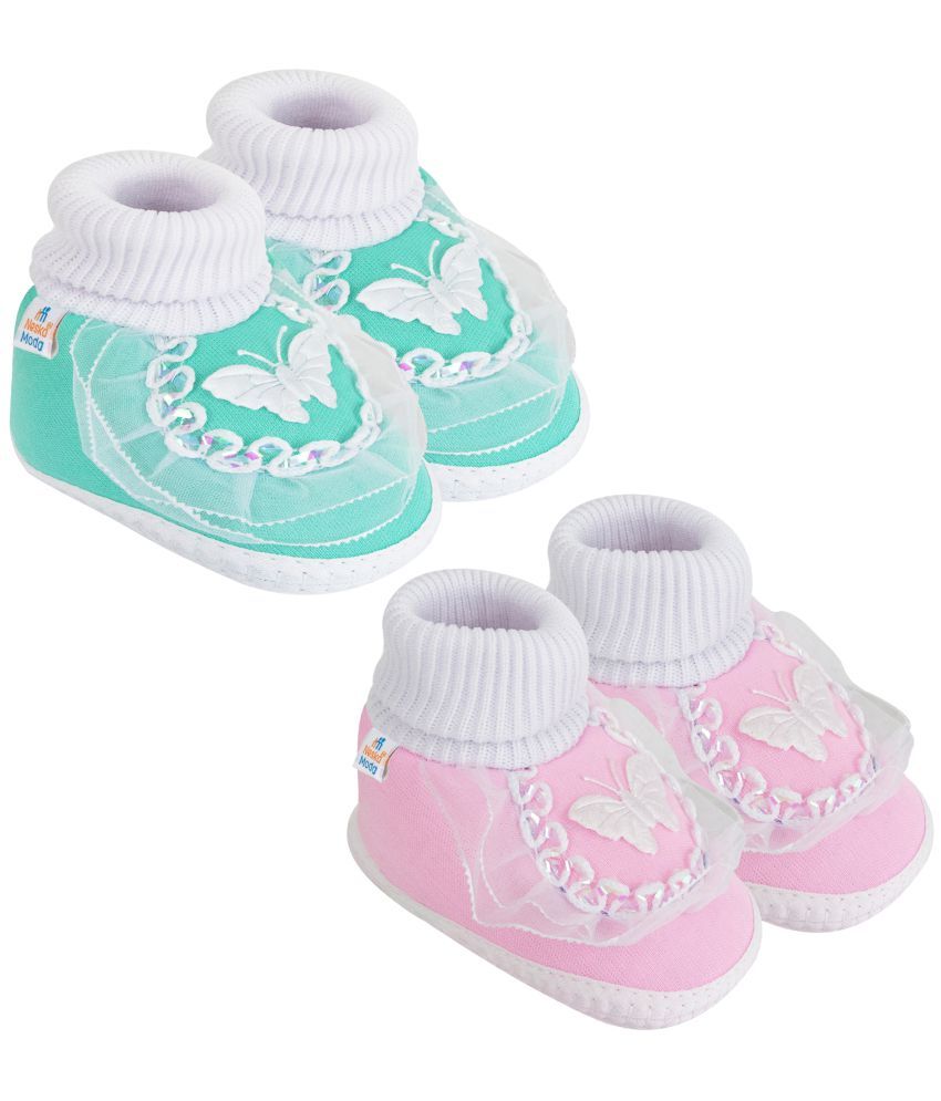     			Neska Moda Set of 2 Pair Baby Boys & Baby Girls Butterfly Frill Cotton Booties For 12 to 24 Months (Green,Pink)