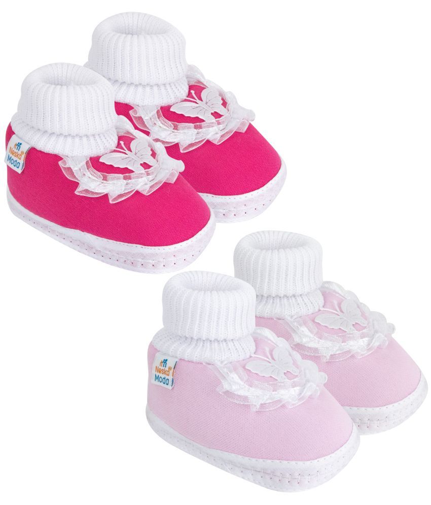     			Neska Moda Set of 2 Pair Baby Girls Butterfly Frill Cotton Booties For 12 to 24 Months (Pink)