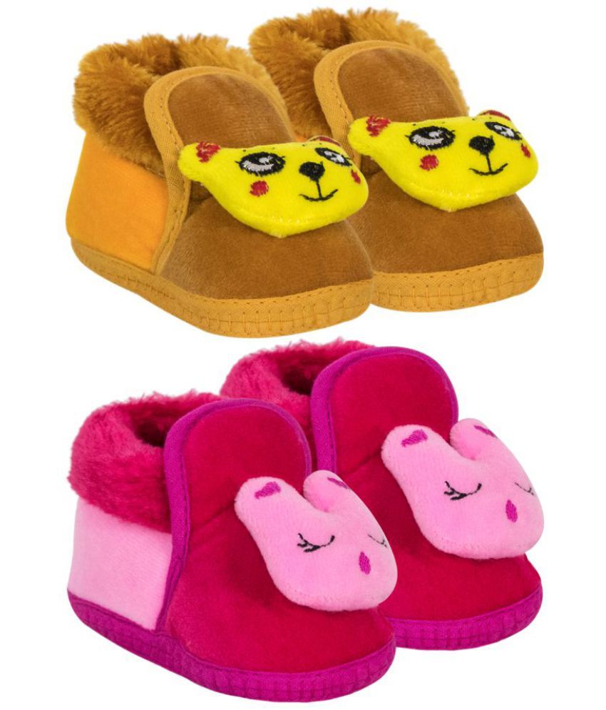     			Neska Moda Set of 2 Pair 6 to 12 Months Baby Boys & Girls Teddy And Bunny/Rabbit Face Velvet Booties/Shoes (Yellow,Brown,Pink) -BT802andBT803