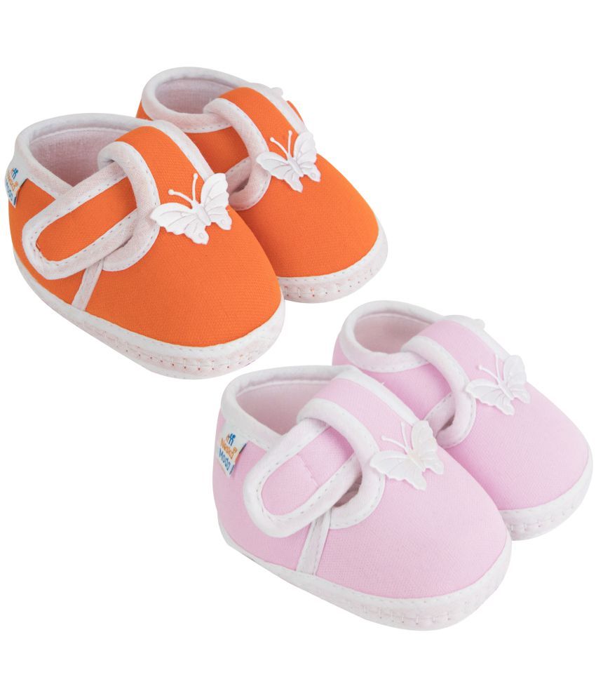     			Neska Moda Set of 2 Pair Baby Boys & Baby Girls Butterfly Velcro Cotton Booties For 0 to 6 Months (Orange,Pink)