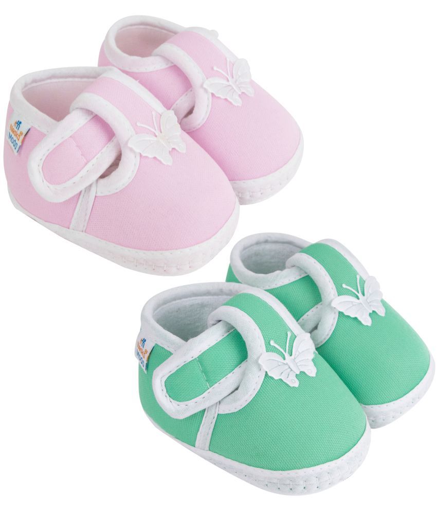     			Neska Moda Set of 2 Pair Baby Boys & Baby Girls Butterfly Velcro Cotton Booties For 0 to 6 Months (Pink,Green)