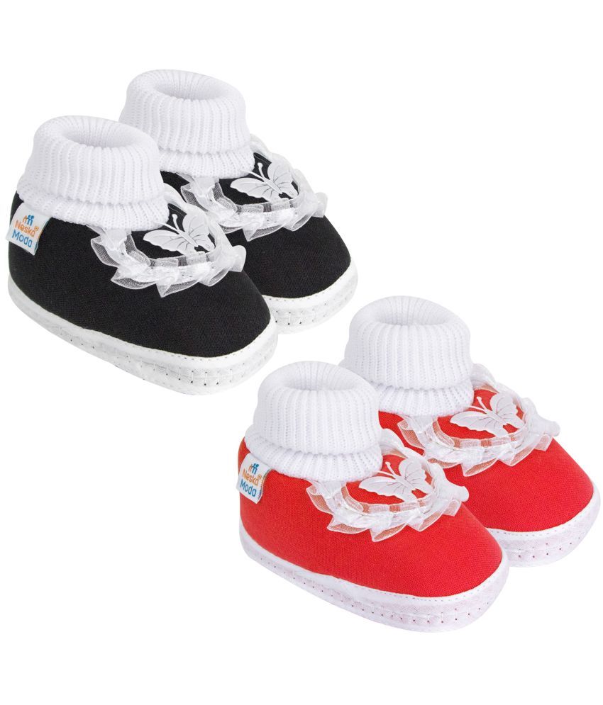     			Neska Moda Set of 2 Pair Baby Girls Butterfly Frill Cotton Booties For 12 to 24 Months (Red,Black)