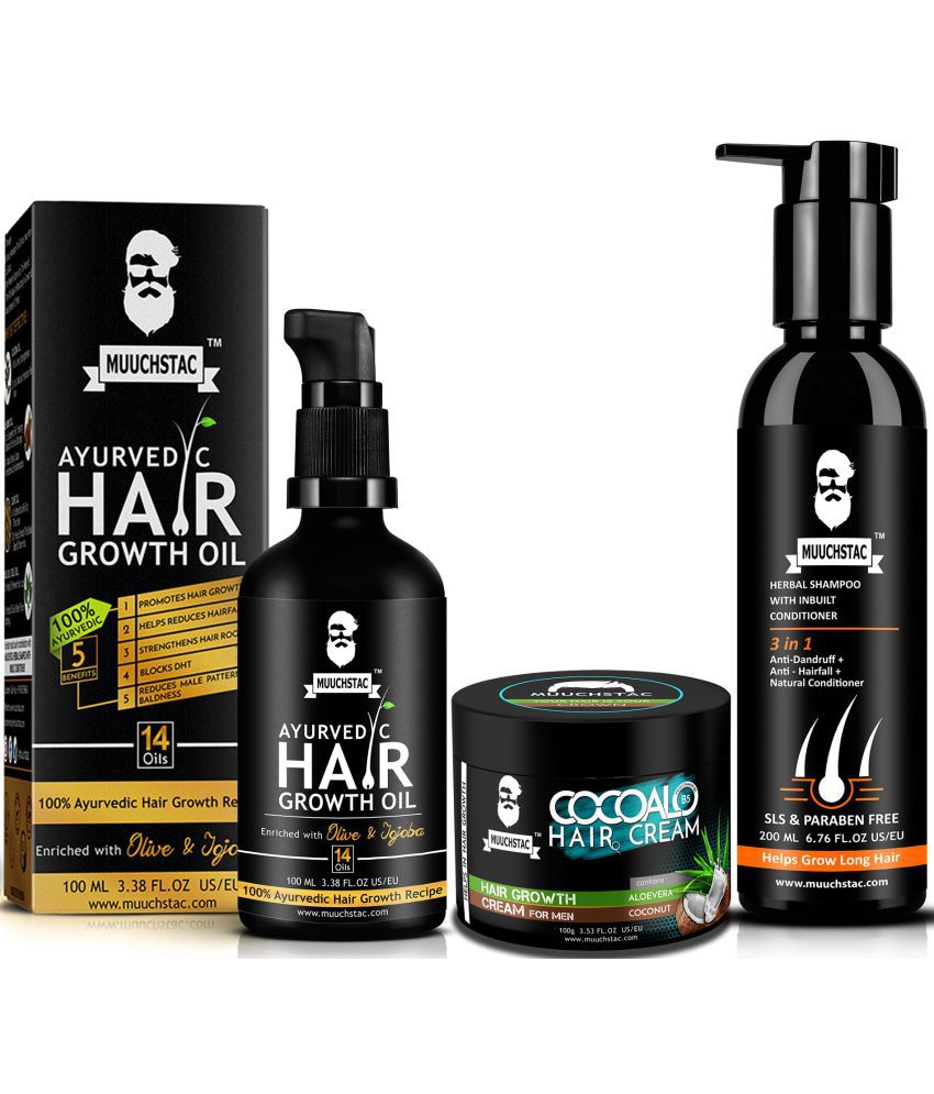 Muuchstac Herbal Hair Care Kit - Hair Growth Oil (100ml), Herbal Shampoo with Inbuilt Conditioner (200ml), Cocoalo Hair Cream (100g)