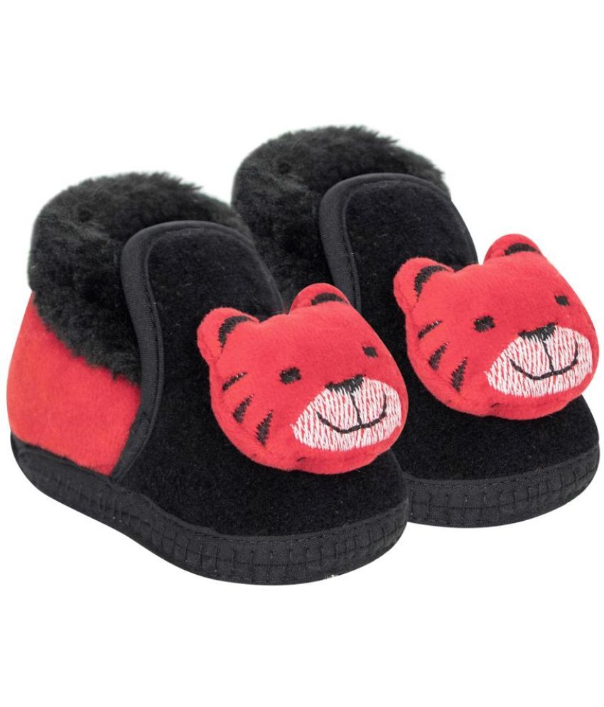     			Neska Moda 6 To 9 Months Baby Boys & Girls Tiger Face Velvet Baby Booties (Black,Rose Red) -BT790