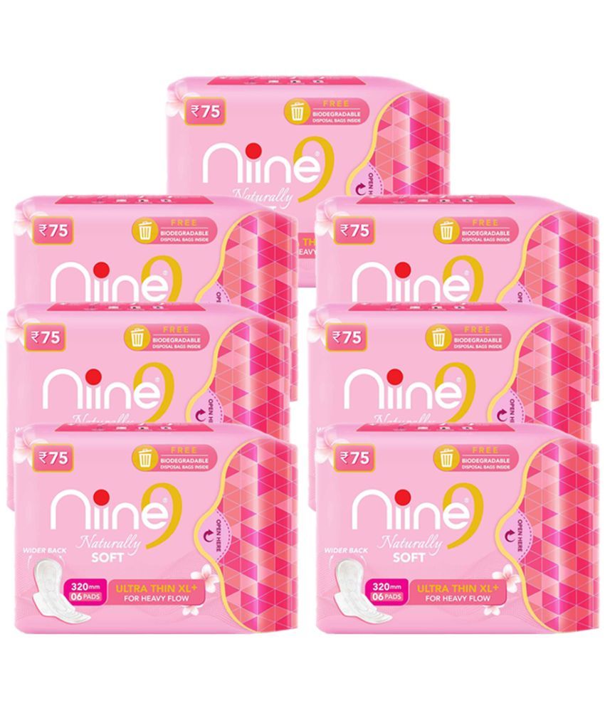     			Niine Naturally Soft Ultra Thin XL+ Sanitary Napkins for Heavy Flow (Pack of 7) 42 Pads with Free Biodegradable Disposal Bags