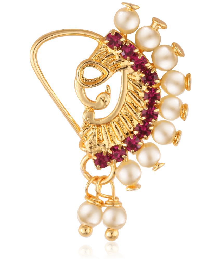     			Vighnaharta Gold Plated with Peals Alloy and CZ stone Piercing Maharashtrian Nath Nathiya./ Nose Pin for women  [VFJ1081NTH-TAR-Red ]