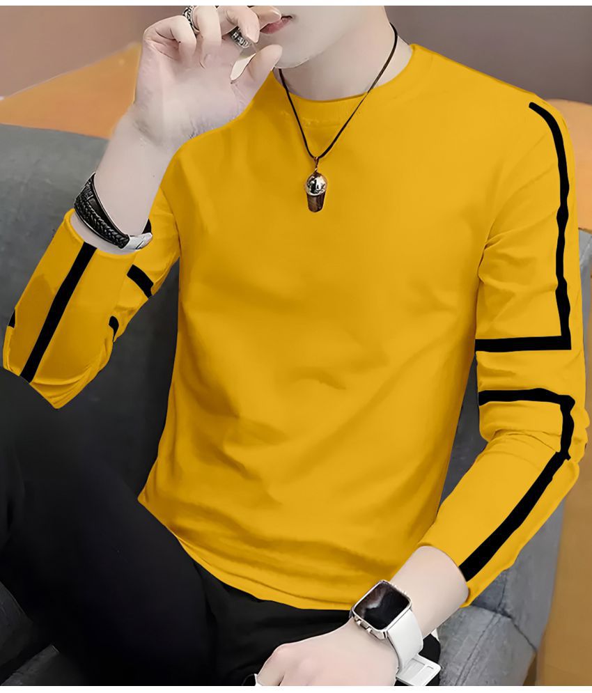     			AUSK Cotton Blend Regular Fit Striped Round Mustard T-Shirt