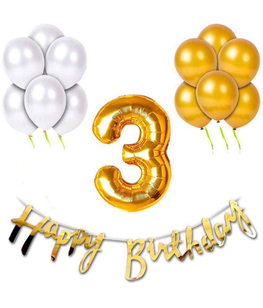     			Happy Birthday Cursive (Golden) + 30 Metallic Balloon (Silver, Gold) + 3 Number Foil + 1 Ribbon