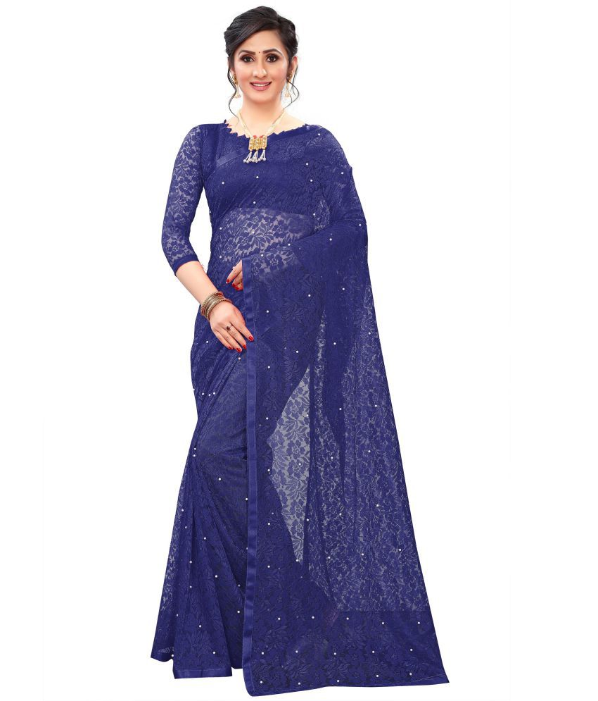     			Indy Bliss - Blue Net Saree With Blouse Piece ( Pack of 1 )