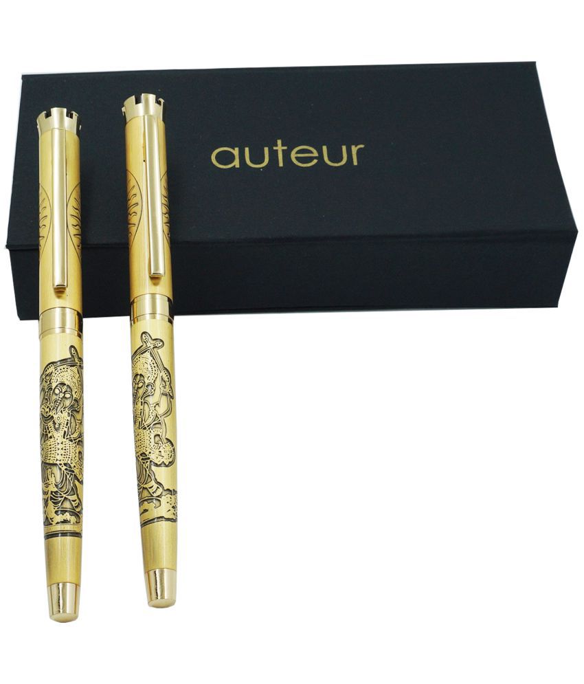     			auteur Crown Medium Nib Fountain Ink Pen & Roller Ball Pen Gift Set In Golden Color With Blessings Of Dancing Lord Ganesha Engraved On Body & Om Engraved On Smart Crowned Cap 2 Pcs Gift Set  .