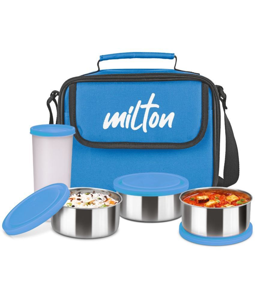    			Milton New Steel Combi Lunch Box, 3 Containers and 1 Tumbler with Jacket, Set of 4, Cyan | Food Grade | Light Weight | Dishwasher Safe | Easy to Carry | Leak Proof
