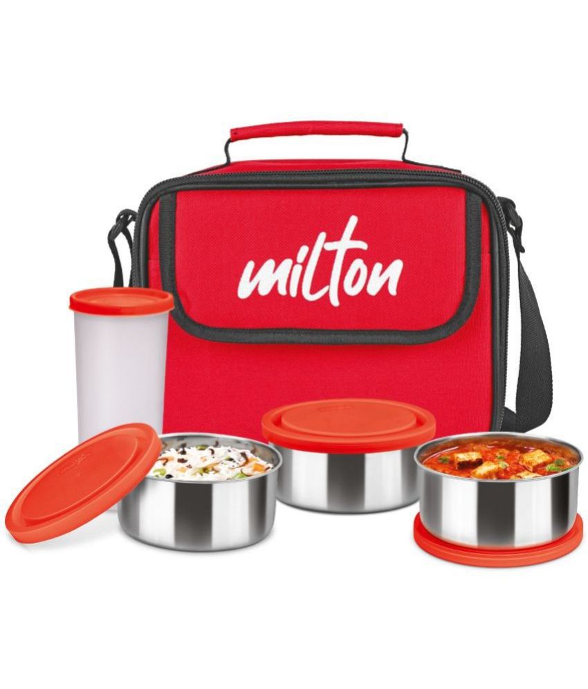     			Milton New Steel Combi Lunch Box, 3 Containers and 1 Tumbler with Jacket, Set of 4, Red | Food Grade | Light Weight | Dishwasher Safe | Easy to Carry | Leak Proof