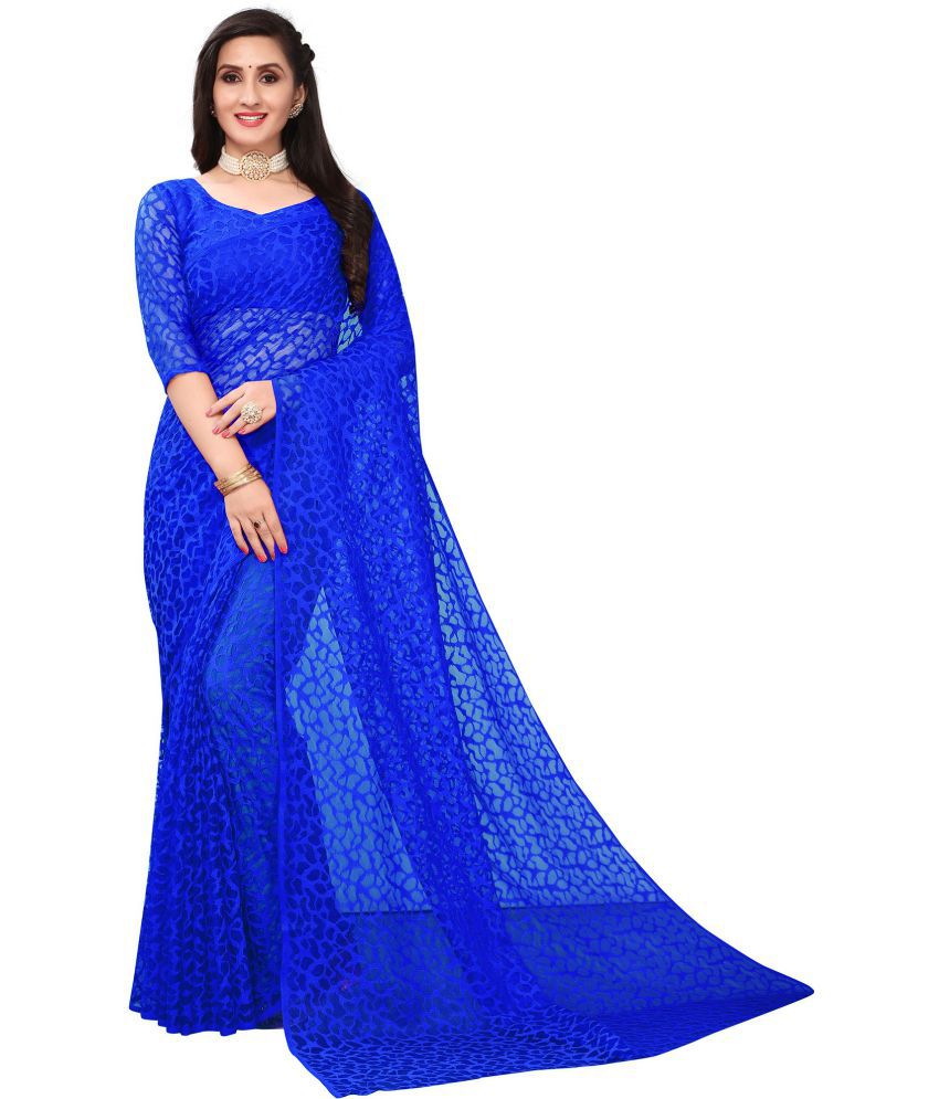 Indy Bliss - Blue Net Saree With Blouse Piece ( )