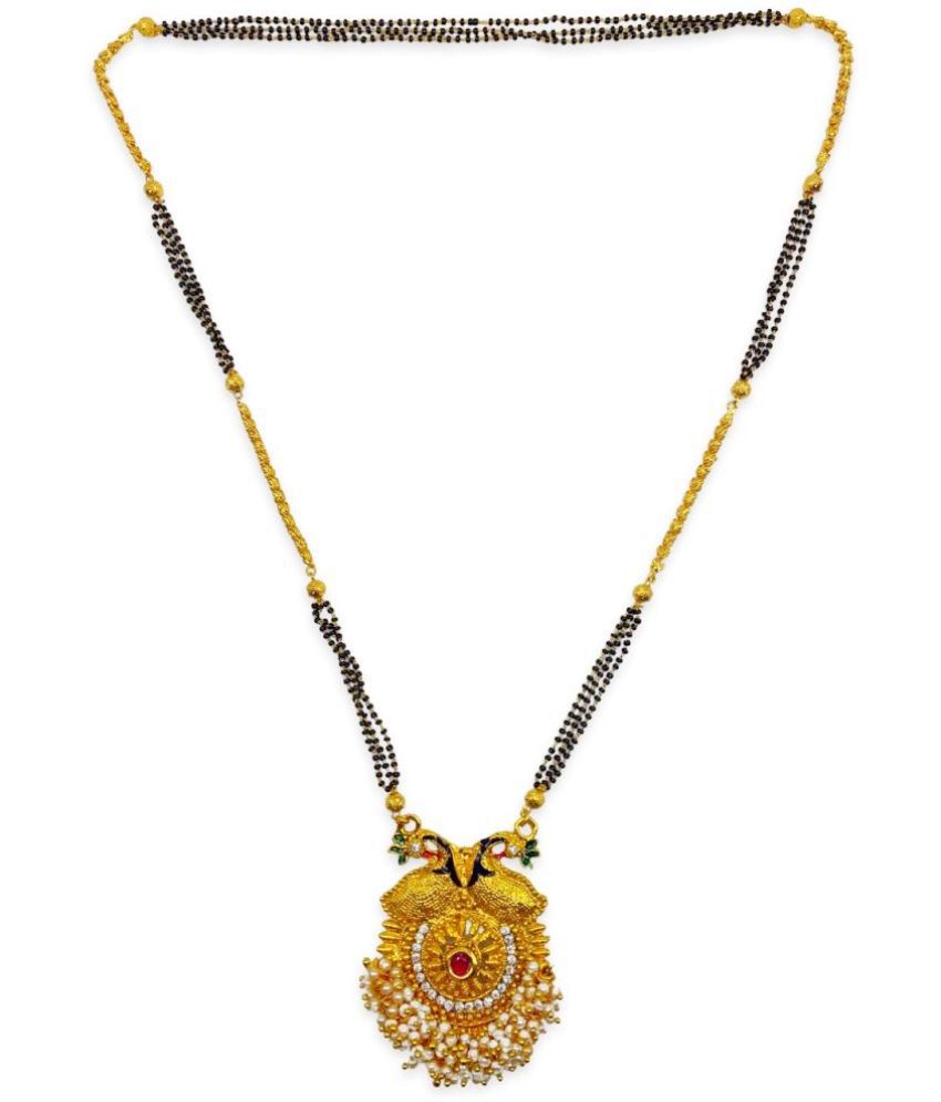     			Long Mangalsutra Designs Gold Plated Necklace Peacock shape pendant with moti black beads chain Gold Mangalsutra Latest Designs For Women (34 Inches)