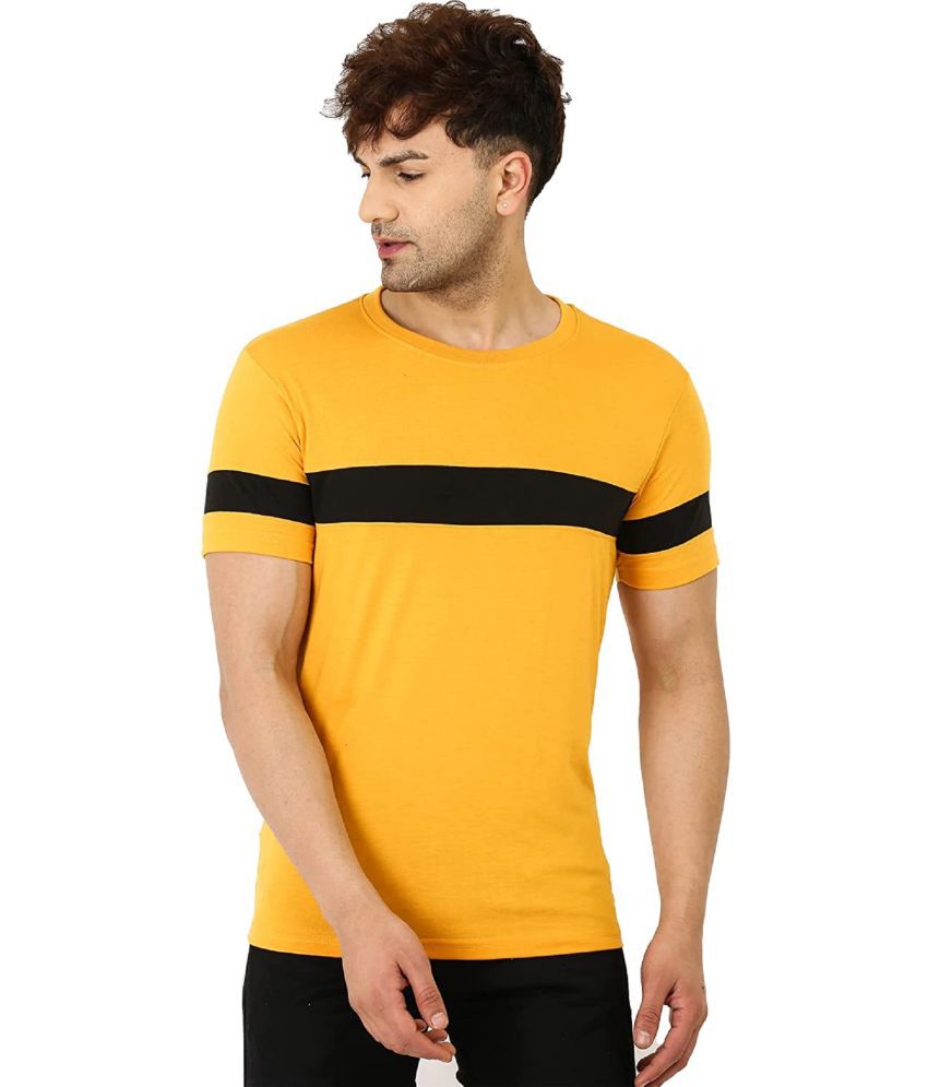     			Leotude Cotton Blend Regular Fit Striped Round Half Sleeves Yellow Men T-Shirt Single Pack