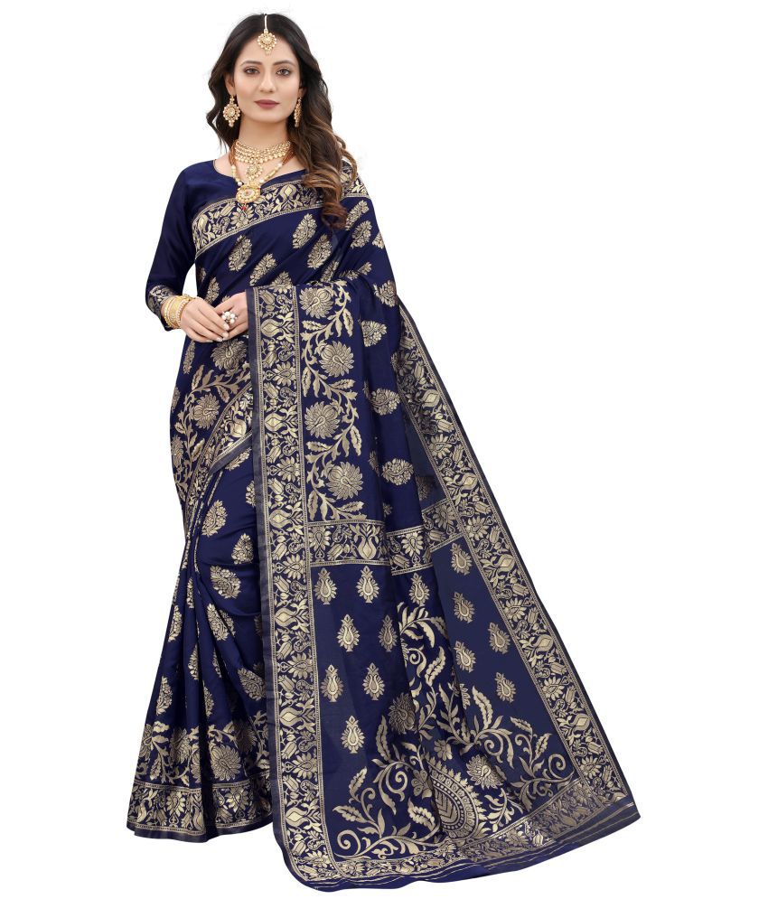     			NENCY FASHION - Blue Banarasi Silk Saree With Stitched Blouse ( )