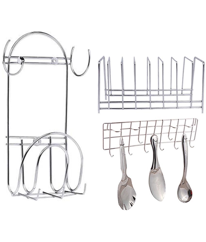     			JISUN Stainless Steel Plate Stand / Dish Rack Steel & Chakla Belan Stand With Hook & Ladle Hook Rail / Wall Mounted Ladle Stand For Kitchen