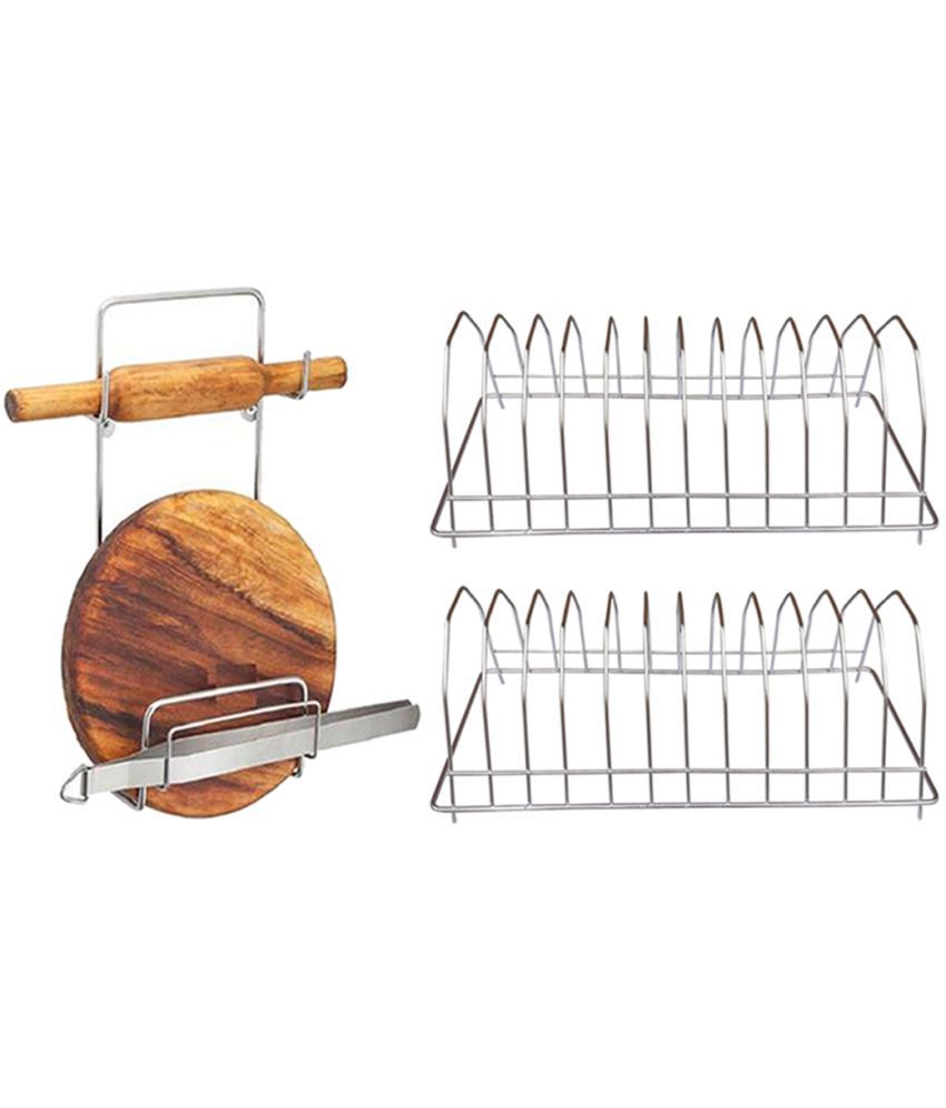     			JISUN Stainless Steel Plate Stand / Dish Rack Steel (Pack of 2) & Chakla Belan Stand For Kitchen