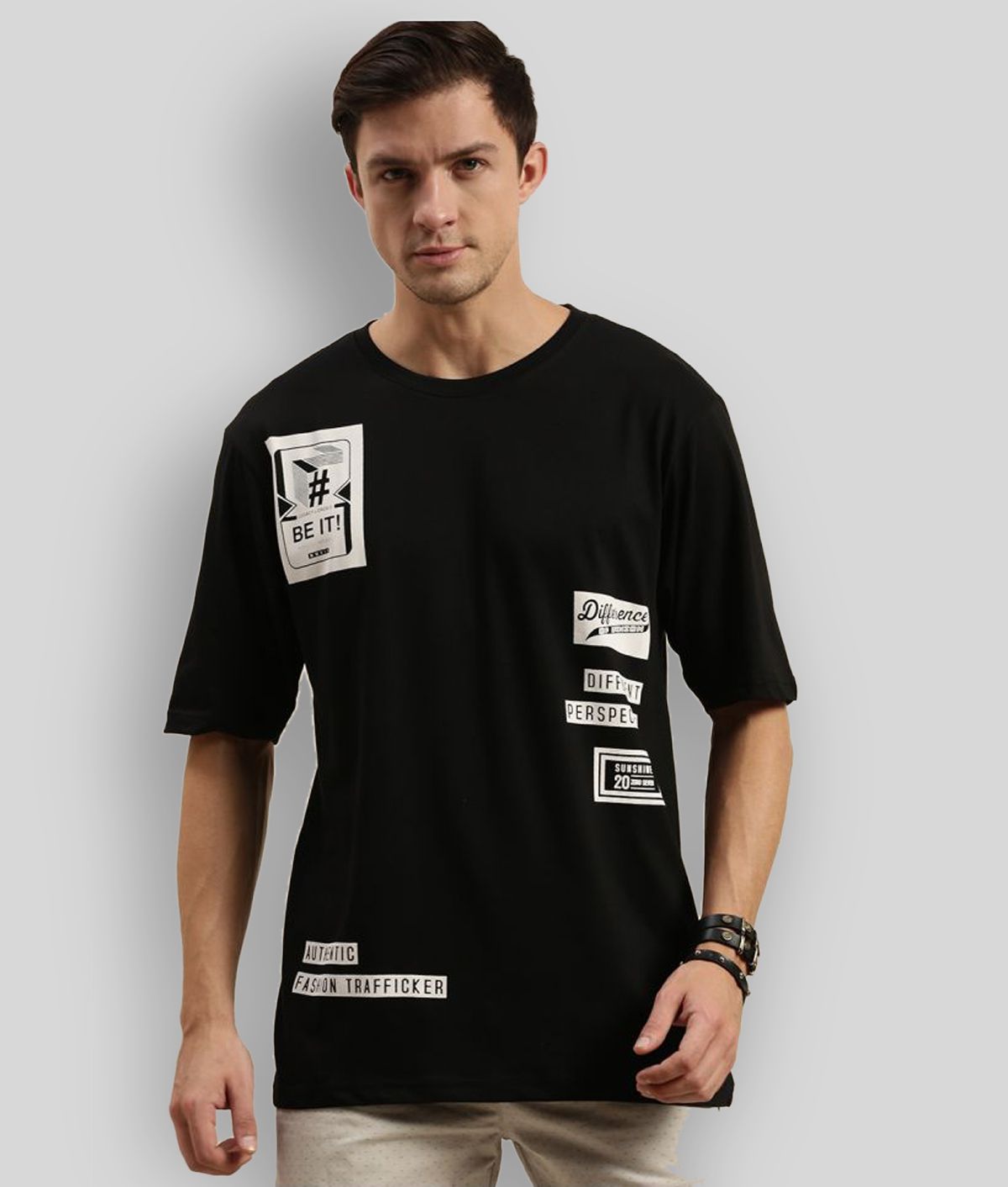     			Difference of Opinion Cotton Oversized Fit Printed Half Sleeves Men's T-Shirt - Black ( Pack of 1 )